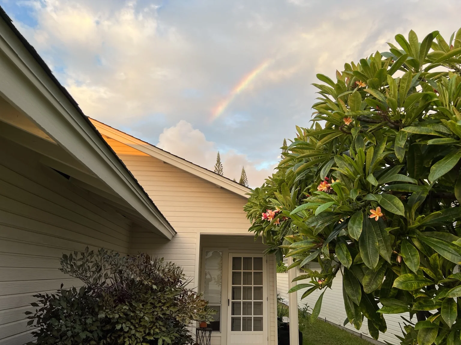 Rainbow above a Pines I home and tropical landscaping